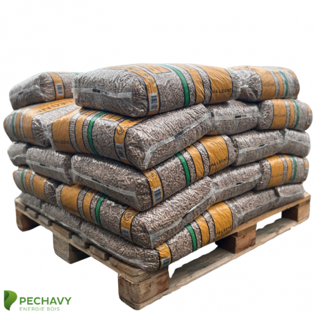Granulés de bois résineux de la marque Hà Lègne Orange pour le chauffage de votre habitation en demi palette de 33 sacs de 15kg