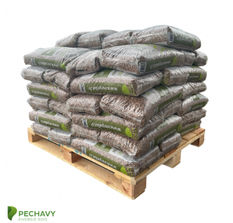 Granulés de bois 100% résineux de la marque Verpellet en demi palette de 33 sacs de 10kg. Certifications DIN +, EN + et PEFC.