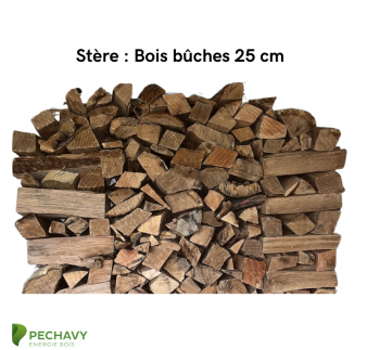 Bois bûches étuvés au stère pour le chauffage de votre habitation. Mélanges de chêne, charme et hêtre en 25cm.