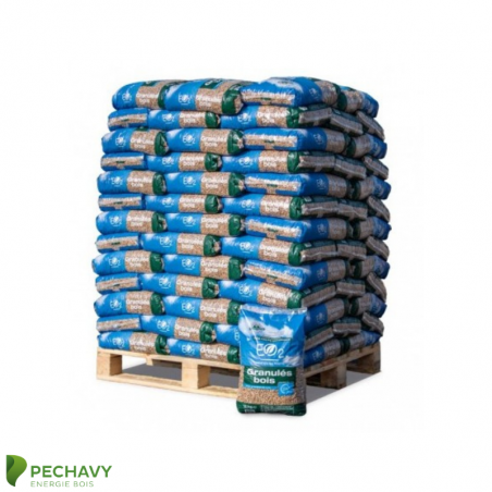 Palette de granulés de bois de la marque EO2. Palette de 66 sacs de 10kg