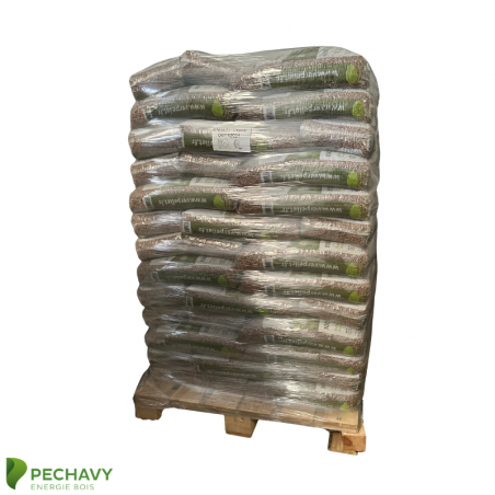 Granulés de bois 100% résineux de la marque Verpellet pour le chauffage de votre habitation en palette de 104 sacs certifiés