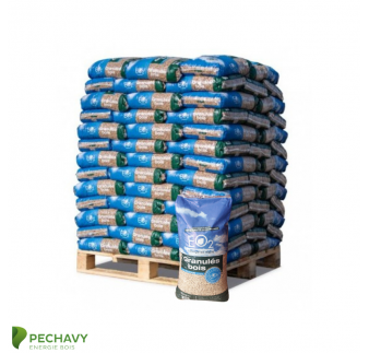 Granulés de bois résineux de la marque EO2 pour le chauffage de votre habitation en palette de 66 sacs de 15 kg certifiés DIN +.